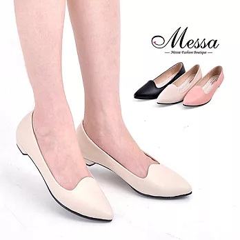 【Messa米莎專櫃女鞋】MIT 唯美曲線素雅內真皮尖頭低跟包鞋-三色35米色