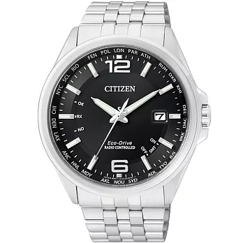 CITIZEN Eco-Drive 紳士的風華光動能時尚電波優質腕錶-黑-CB0011-77E