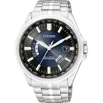 CITIZEN 一枝獨秀時尚全球5局電波個性優質腕錶-黑+藍-CB0011-51L