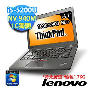 【Lenovo】ThinkPad T450 20BVA01VTW 14.1吋HD+畫質筆電 (i5-5200U/8G/1G獨/500G/Win7 Pro)