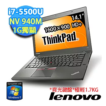 【Lenovo】ThinkPad T450 20BVA01WTW 14.1吋HD+畫質筆電 (i7-5500U/8G/1G獨/1TB+16GSSD/Win7 Pro)