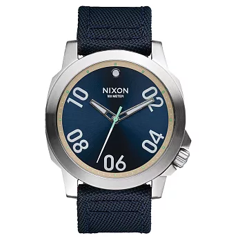 NIXON RANGER星際領航員時尚潮流腕錶-銀框深藍x帆布帶