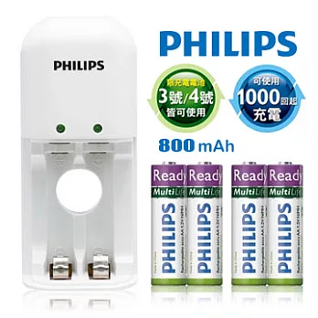 PHILIPS飛利浦 迷你型鎳氫電池充電器2槽(白) + 低自放4號充電電池4顆 組合包