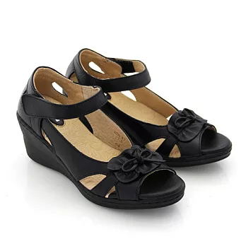 ◤Green Phoenix◥抓皺圖騰沾黏式手縫全真皮氣墊楔型涼鞋23.5黑色