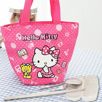 HELLO KITTY 餃形便當袋-粉色+台灣製環保三件式餐具組