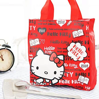 HELLO KITTY 直式便當袋-紅色+台灣製環保三件式餐具組