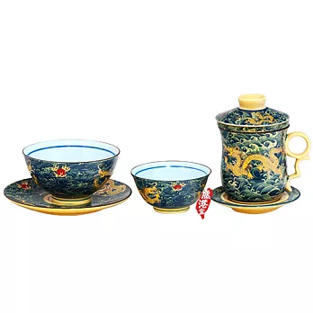 【鹿港窯】 茶具浮雕-富貴金龍七件套組(4件套杯1個飯碗1個湯碗1個托盤 )