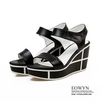 EOWYN．歐美時尚休閒百搭甜美拼色魔術貼寬版舒適坡跟厚底鬆楔形涼鞋EMD01054-89/2色/34-39碼現貨+預購黑色34