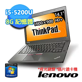 【Lenovo】ThinkPad T450 20BVA01XTW 14.1吋HD+畫質筆電 (i5-5200U/8G/500G+8GSSD/Win7 Pro)