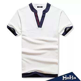 上衣 雙色條紋V領短袖T恤 三色-HeHa-2XL(白色）