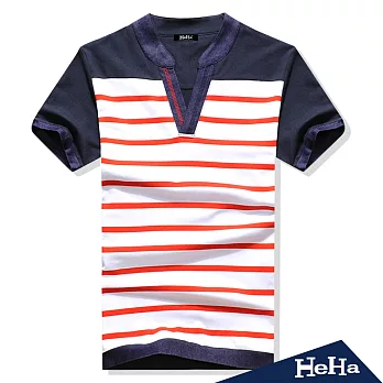 上衣 雙色條紋V領短袖T恤 三色-HeHa-3XL（紅條紋）