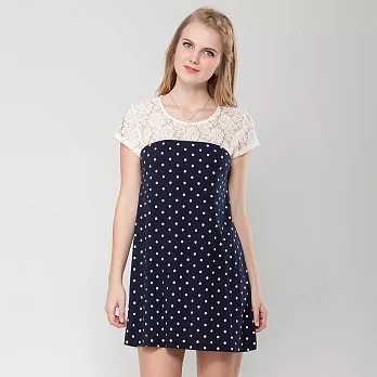 【INF】復古圓點蕾絲拼接洋裝15028S藍色