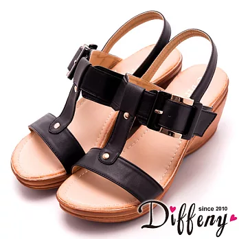 Diffeny 夏日焦點 簡約時尚方形扣環楔型涼鞋-黑 36