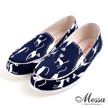 【Messa米莎專櫃女鞋】MIT 輕量Q軟童趣滿版貓咪樂福鞋-三色35藍色