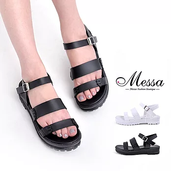 【Messa米莎專櫃女鞋】MIT 南韓手感縫線設計一字厚底涼鞋-二色35黑色