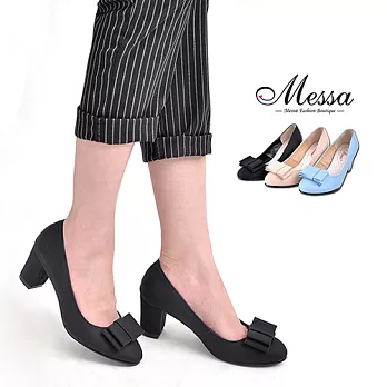 【Messa米莎專櫃女鞋】MIT 氣質好感蝴蝶結內真皮粗跟包鞋35米色