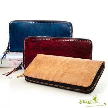 【手感的秀】真皮手工植揉革擦色ㄇ形拉鍊長夾(A組3色)魅海藍