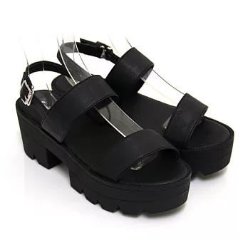 【Pretty】焦點時尚極簡寬帶厚底涼鞋24.5黑色