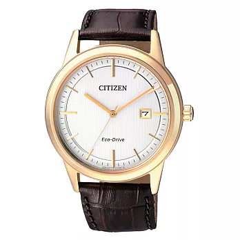 CITIZEN Eco-Drive 款款情深光動能時尚男錶-金框白x咖啡皮帶