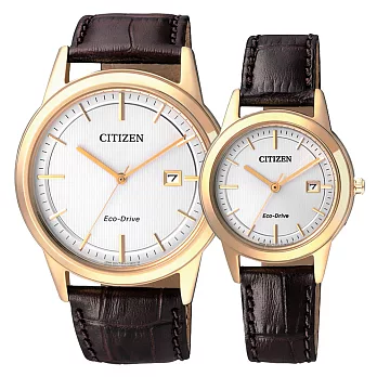 CITIZEN Eco-Drive 款款情深光動能時尚對錶-金框白x咖啡皮帶