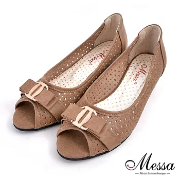 【Messa米莎專櫃女鞋】MIT 典雅蝴蝶結鏤空洞洞內真皮楔型魚口鞋-二色35駝色