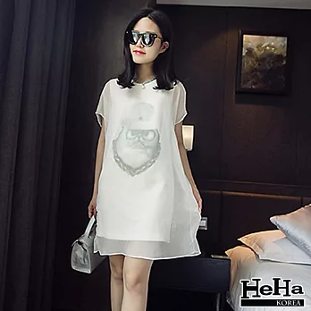 洋裝 貓頭鷹雙層紗質彈性連身裙 二色-HeHa-M(白色）