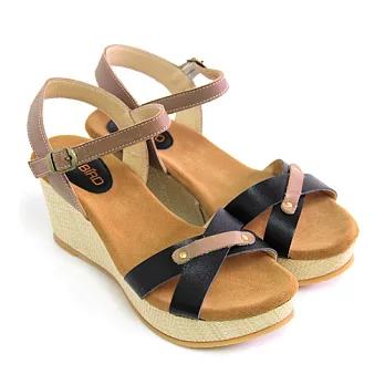 ◤Green Phoenix◥全真皮交叉線條撞色楔型涼鞋6黑色