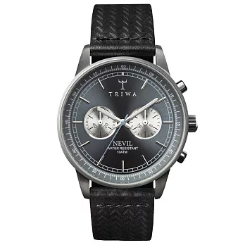 TRIWA Nevil系列 紳士牛仔兩眼計時腕錶-灰藍x黑皮錶帶