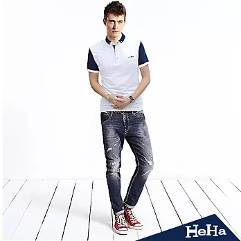 POLO衫 修身翻領拼色短袖上衣 二色-HeHa-L（白色）