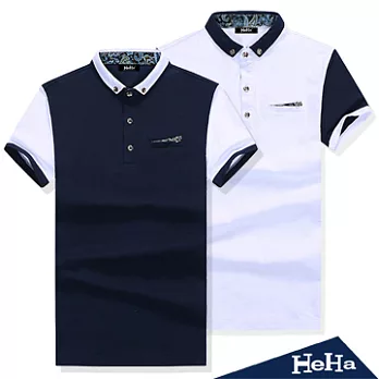 POLO衫 修身翻領拼色短袖上衣 二色-HeHa-L（藍色）