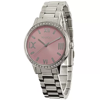 MANGO 優雅名伶晶鑽不鏽鋼時尚腕錶-粉紅/31mm