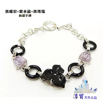 淳貿天然水晶 黑曜岩+紫水晶+黑瑪瑙造型純銀手鍊(B01-80)