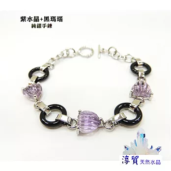 淳貿天然水晶 紫水晶+黑瑪瑙造型純銀手鍊(B01-91)