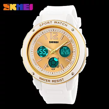SKMEI-1051 個性女孩 時尚雙顯運動腕錶(白帶金圈)