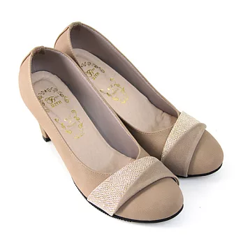 【Pretty】簡約素雅金蔥拼接高跟鞋22.5芋色