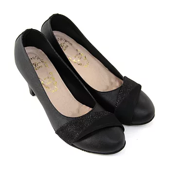 【Pretty】簡約素雅金蔥拼接高跟鞋24黑色