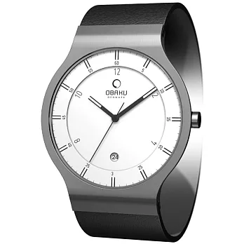 OBAKU 層次空間時尚簡約鈦金屬腕錶(大/白/皮帶)
