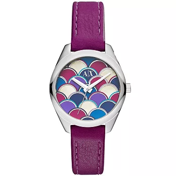 A│X Armani Exchange 迷幻人魚時尚腕錶-紫紅皮帶