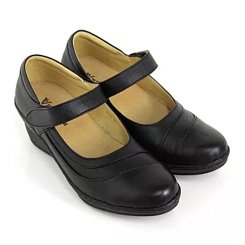 ◤Green Phoenix◥全真皮簡單線條沾黏式手縫氣墊楔型休閒娃娃鞋22.5黑色