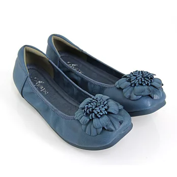 ◤Green Phoenix◥浪漫唯美渲染層次立體花朵束口帶全真皮方頭平底娃娃鞋36藍色