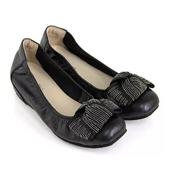 ◤Green Phoenix◥全真皮扭轉寬版立體蝴蝶結內增高娃娃鞋22黑色