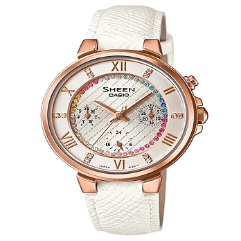 CASIO SHEEN 高雅女性的迷人風采時尚優質皮革腕錶-白+玫瑰金-SHE-3041PGL-7A