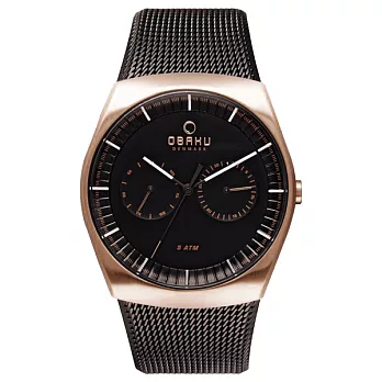 OBAKU 浩瀚星宇雙眼日期腕錶-玫瑰金框x黑米蘭帶