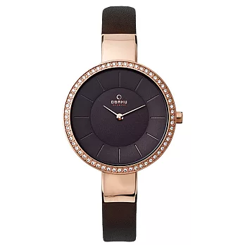 OBAKU 采麗時刻晶鑽時尚腕錶-玫瑰金X黑皮帶