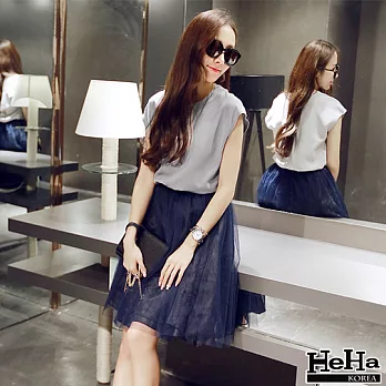 洋裝 假兩件雪紡拼接網紗連身裙 二色-HeHa-L(灰色）