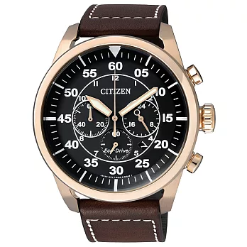 CITIZEN Eco-Drive 焦點風雲計時男錶-金框黑x咖啡皮帶