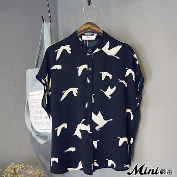 雪紡 小鳥印花小立領短袖襯衫 二色-Mini嚴選-FREE(黑色）