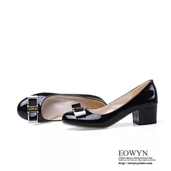 EOWYN．2015歐洲戰時尚新款甜美金屬蝴蝶結百搭粗跟包鞋/娃娃鞋EMD01180-63/3色/34-39碼現貨+預購黑色34