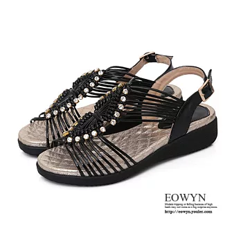EOWYN．波西米亞民族風時尚手工編織水鑽釦環百搭坡跟厚底鬆糕涼鞋EMD01188-95/3色/34-39碼現貨+預購黑色34