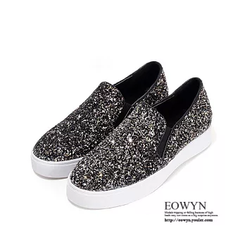 EOWYN．街頭潮流時尚新款拼色金屬亮片休閒百搭平底包鞋/帆船鞋EMD01184-95/2色/34-39碼現貨+預購黑色34